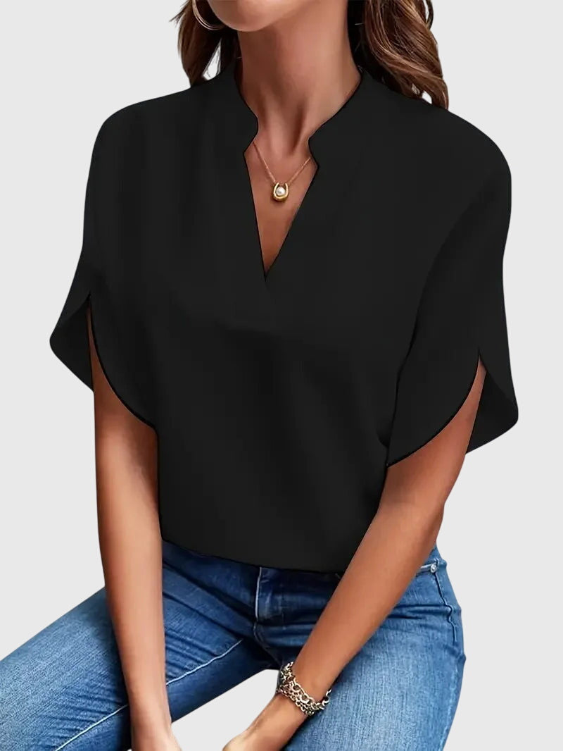 Split Sleeve V-Neck Blouse – Relaxed Fit Work Top