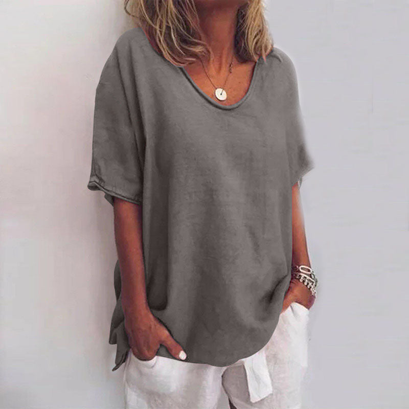Women's Oversized V-Neck Top – Loose Fit Short Sleeve Casual Summer Top