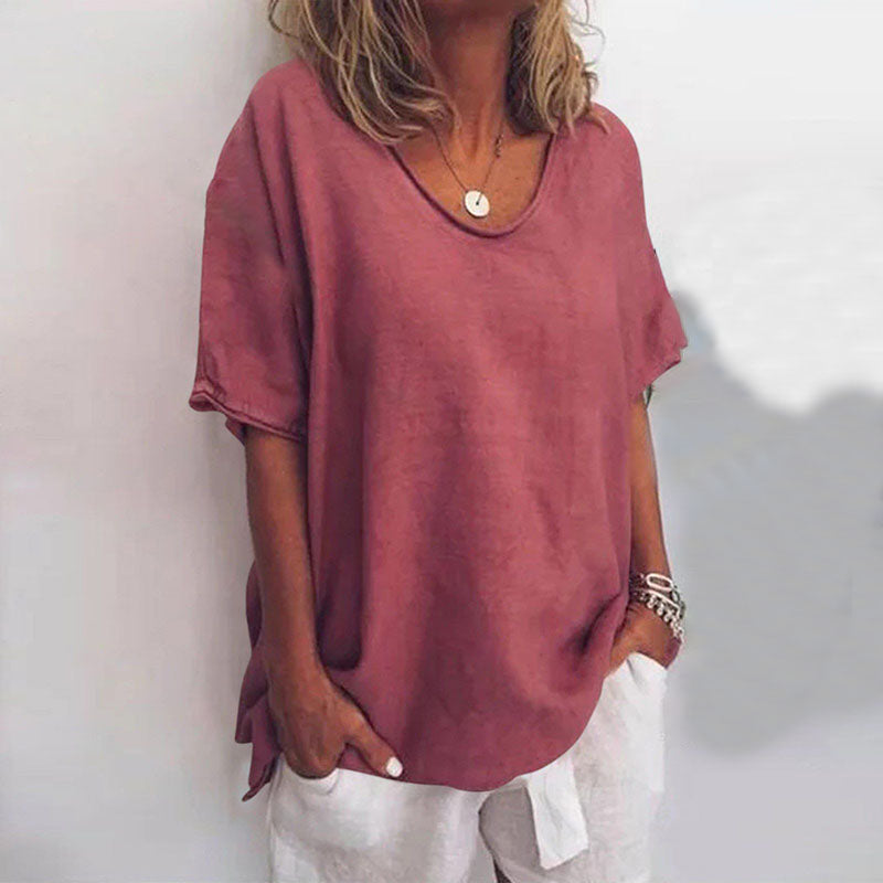 Women's Oversized V-Neck Top – Loose Fit Short Sleeve Casual Summer Top