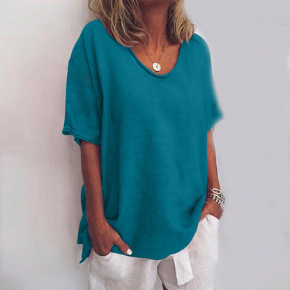 Women's Oversized V-Neck Top – Loose Fit Short Sleeve Casual Summer Top