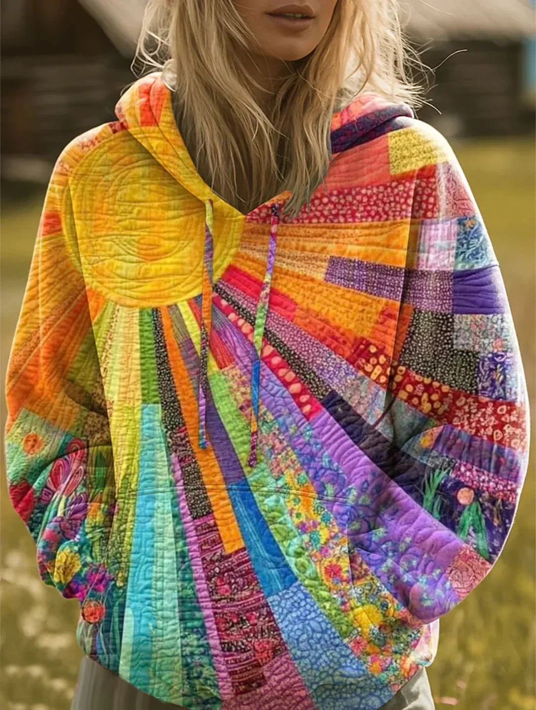 Quilted Patchwork Hoodie – Women's Sunburst Multicolor Oversized Pullover