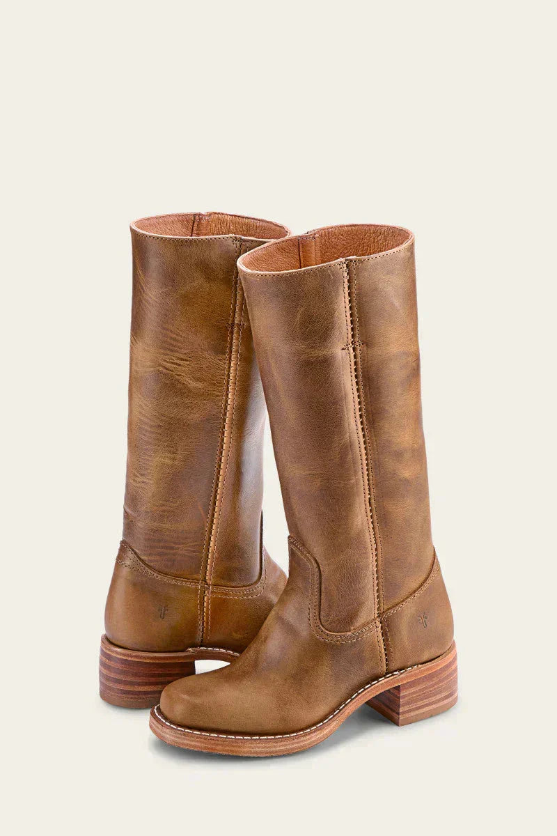 Women's Leather Knee High Boots – Side Zip Block Heel Tall Boot