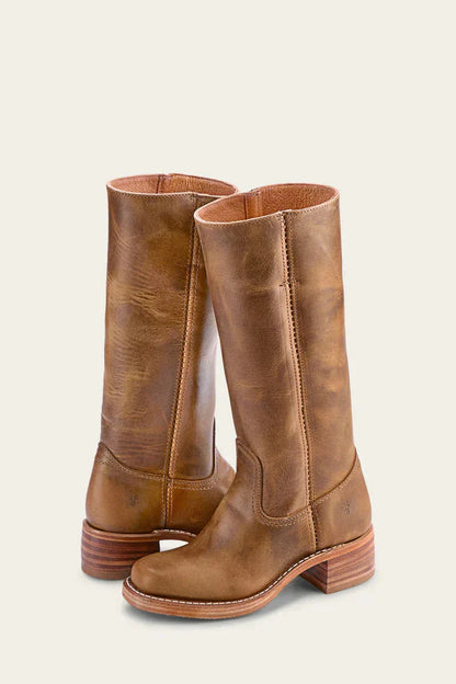 Women's Leather Knee High Boots – Side Zip Block Heel Tall Boot