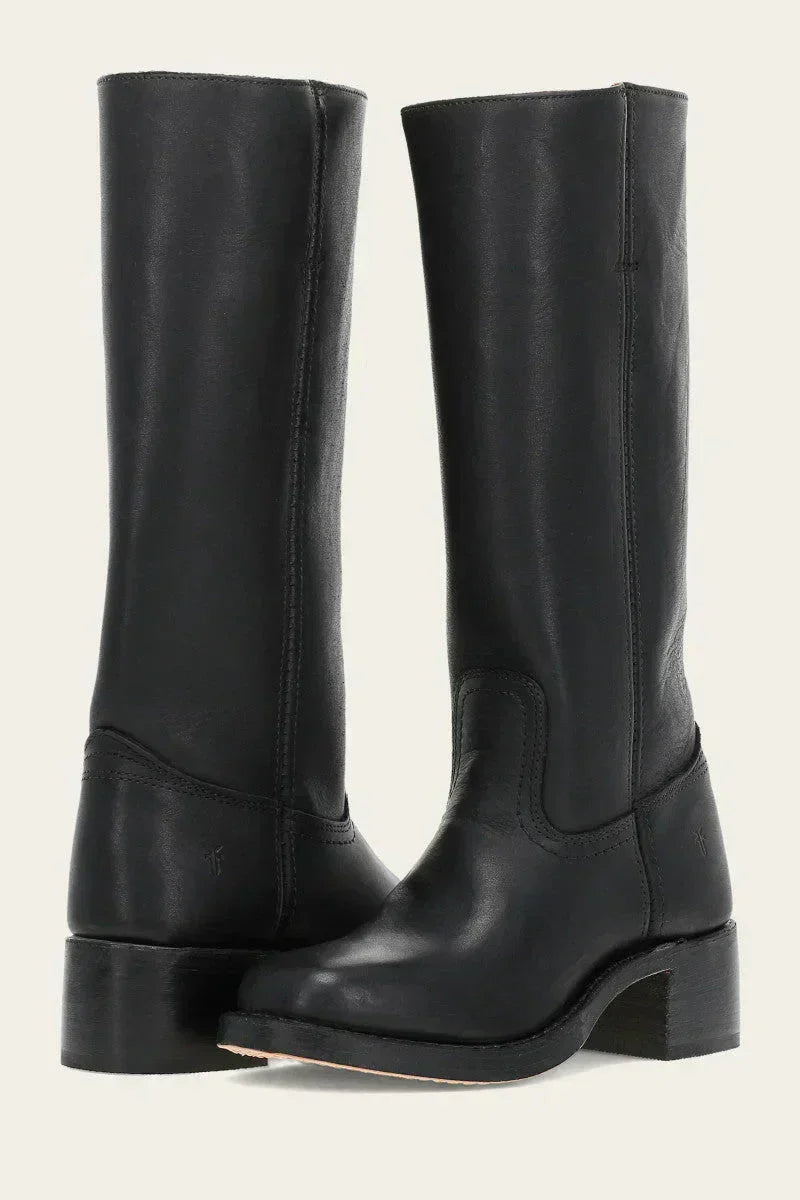 Women's Leather Knee High Boots – Side Zip Block Heel Tall Boot