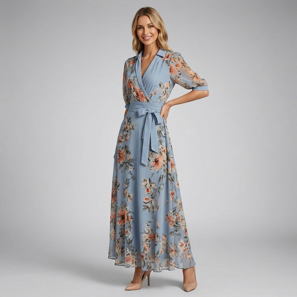 Floral Chiffon Wrap Maxi Dress – V-Neck Puff Sleeve Wedding Guest