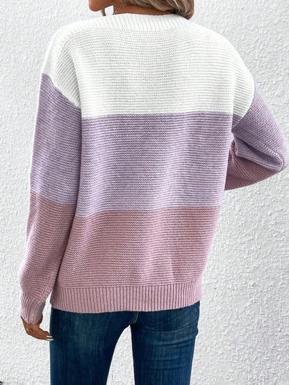 Color Block Knit Pullover Sweater – Boat Neck Relaxed Fit