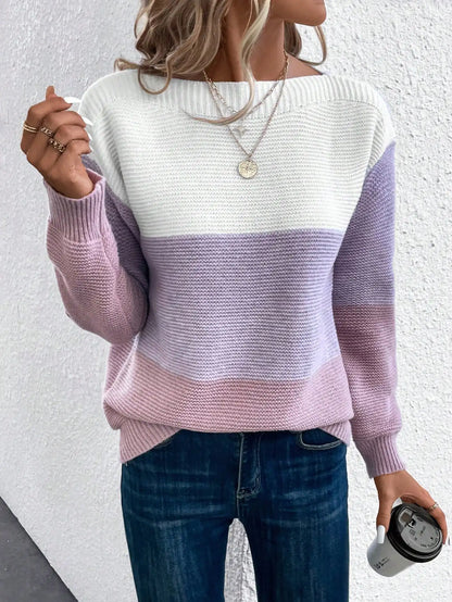 Color Block Knit Pullover Sweater – Boat Neck Relaxed Fit