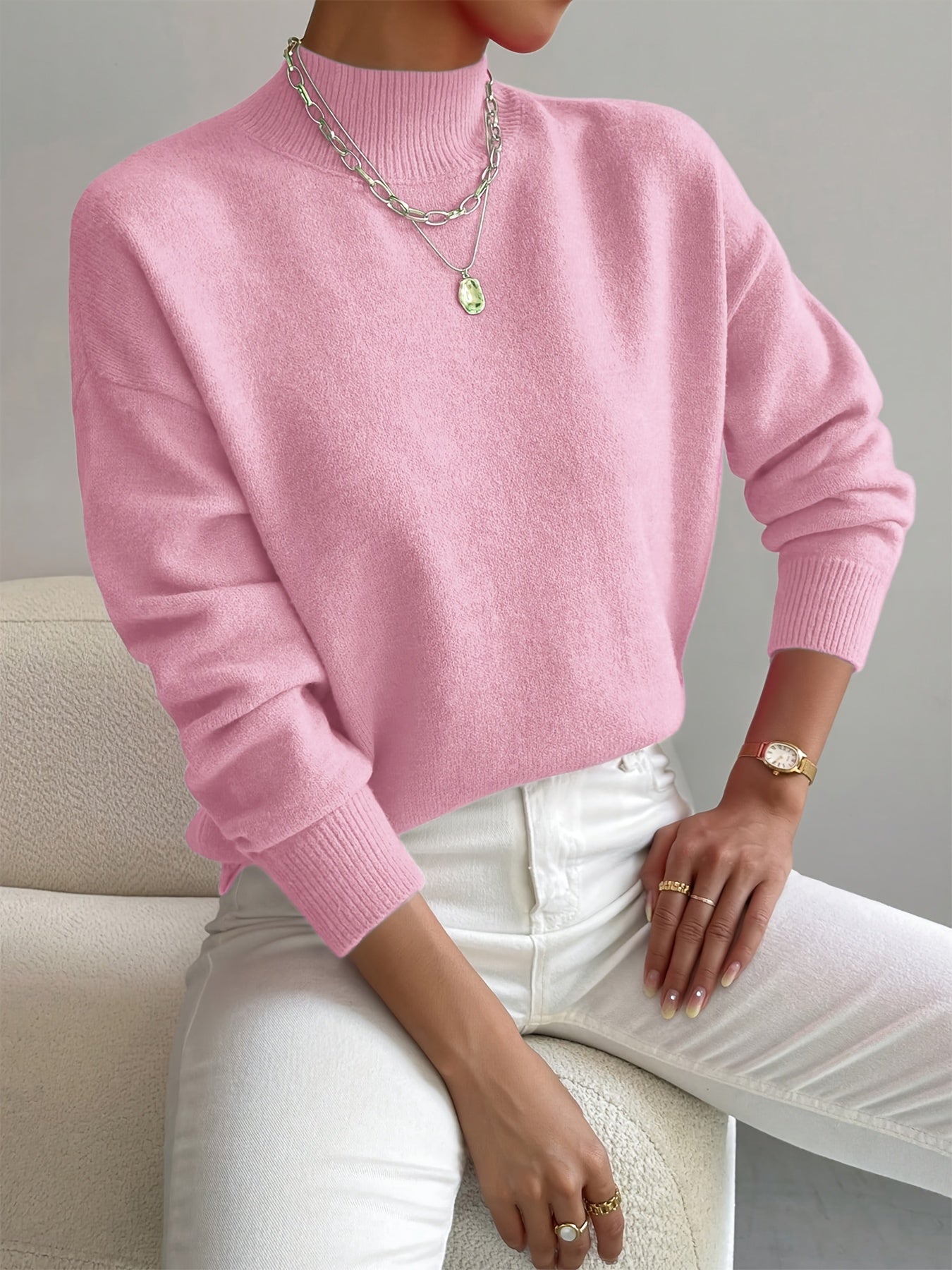 Mock Neck Pullover Sweater – Women's Relaxed Fit Soft Knit