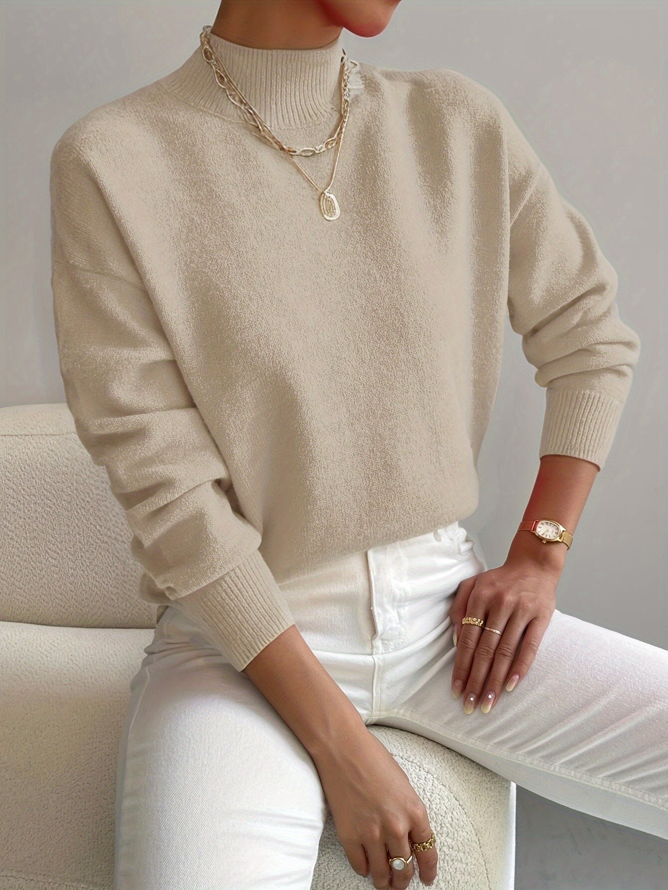 Mock Neck Pullover Sweater – Women's Relaxed Fit Soft Knit