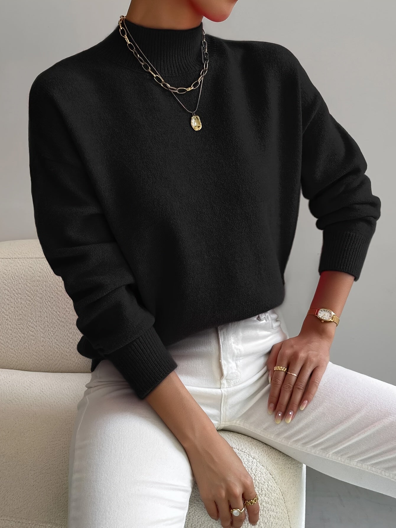 Mock Neck Pullover Sweater – Women's Relaxed Fit Soft Knit