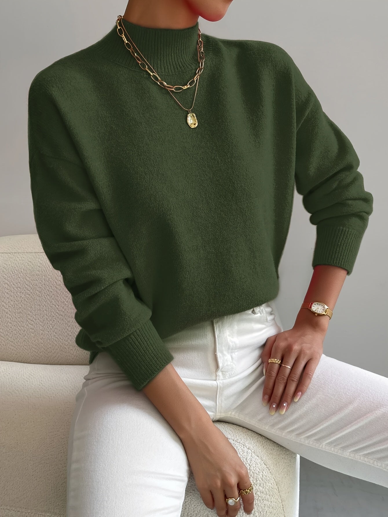 Mock Neck Pullover Sweater – Women's Relaxed Fit Soft Knit