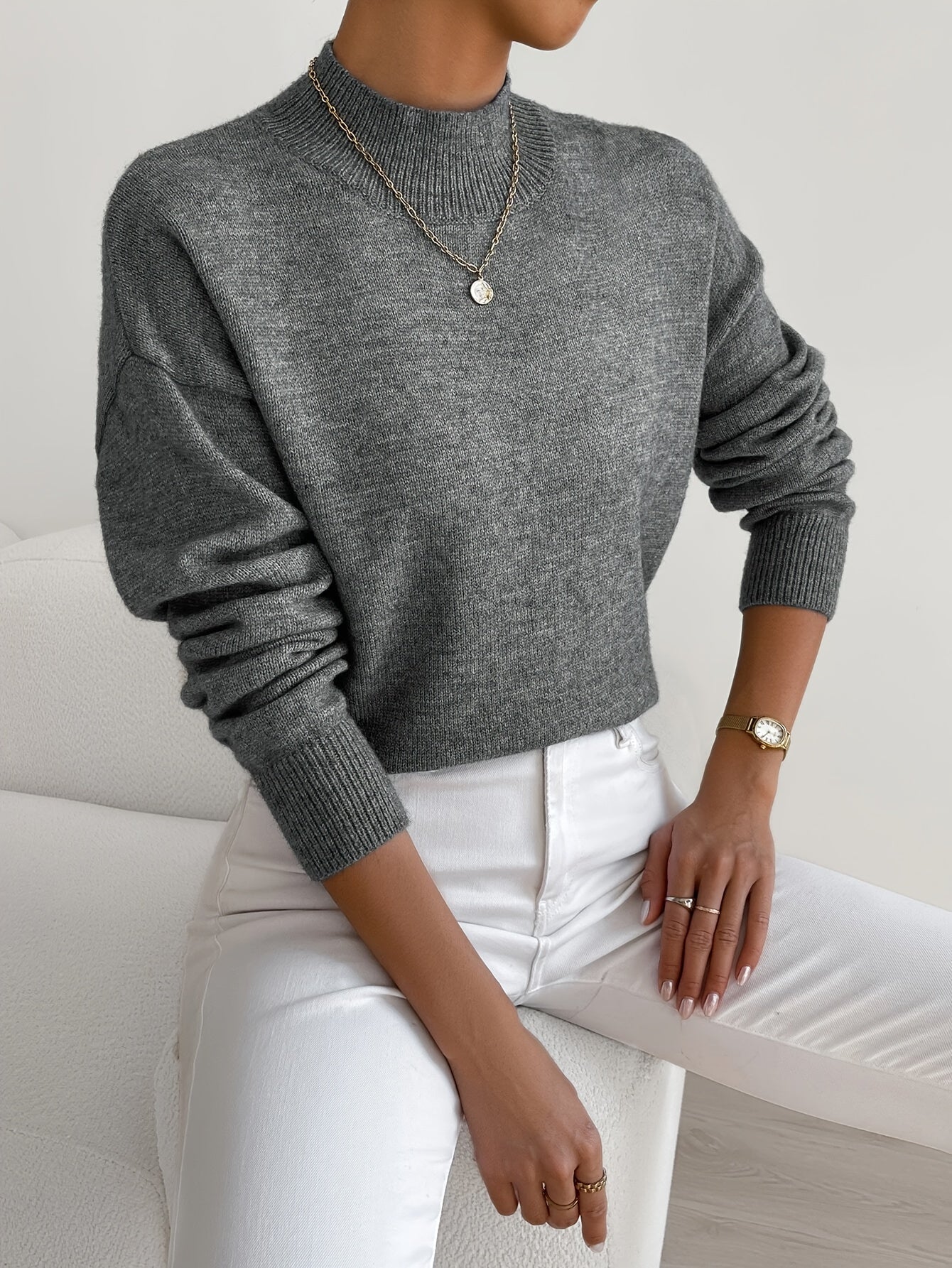 Mock Neck Pullover Sweater – Women's Relaxed Fit Soft Knit