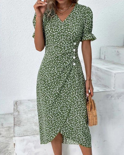 Women's Floral Wrap Midi Dress – V-Neck Short Sleeve Summer Dress