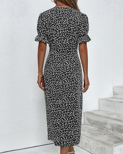 Women's Floral Wrap Midi Dress – V-Neck Short Sleeve Summer Dress