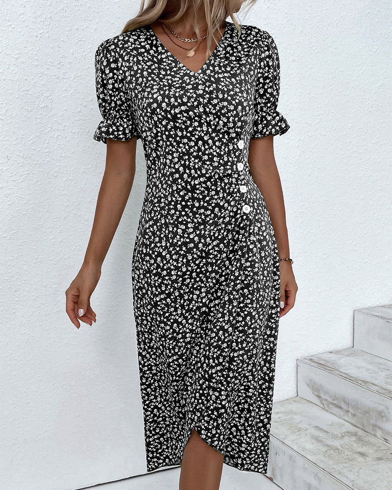 Women's Floral Wrap Midi Dress – V-Neck Short Sleeve Summer Dress