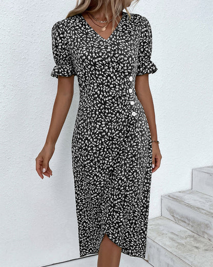 Women's Floral Wrap Midi Dress – V-Neck Short Sleeve Summer Dress