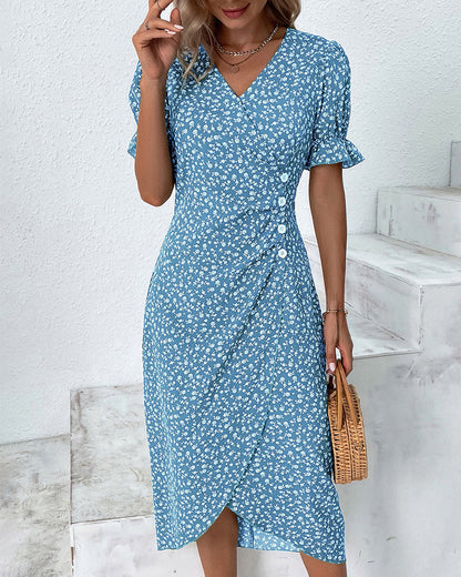Women's Floral Wrap Midi Dress – V-Neck Short Sleeve Summer Dress