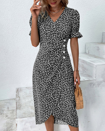 Women's Floral Wrap Midi Dress – V-Neck Short Sleeve Summer Dress
