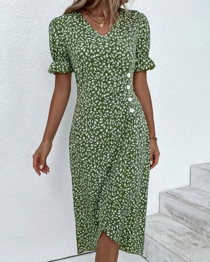Women's Floral Wrap Midi Dress – V-Neck Short Sleeve Summer Dress