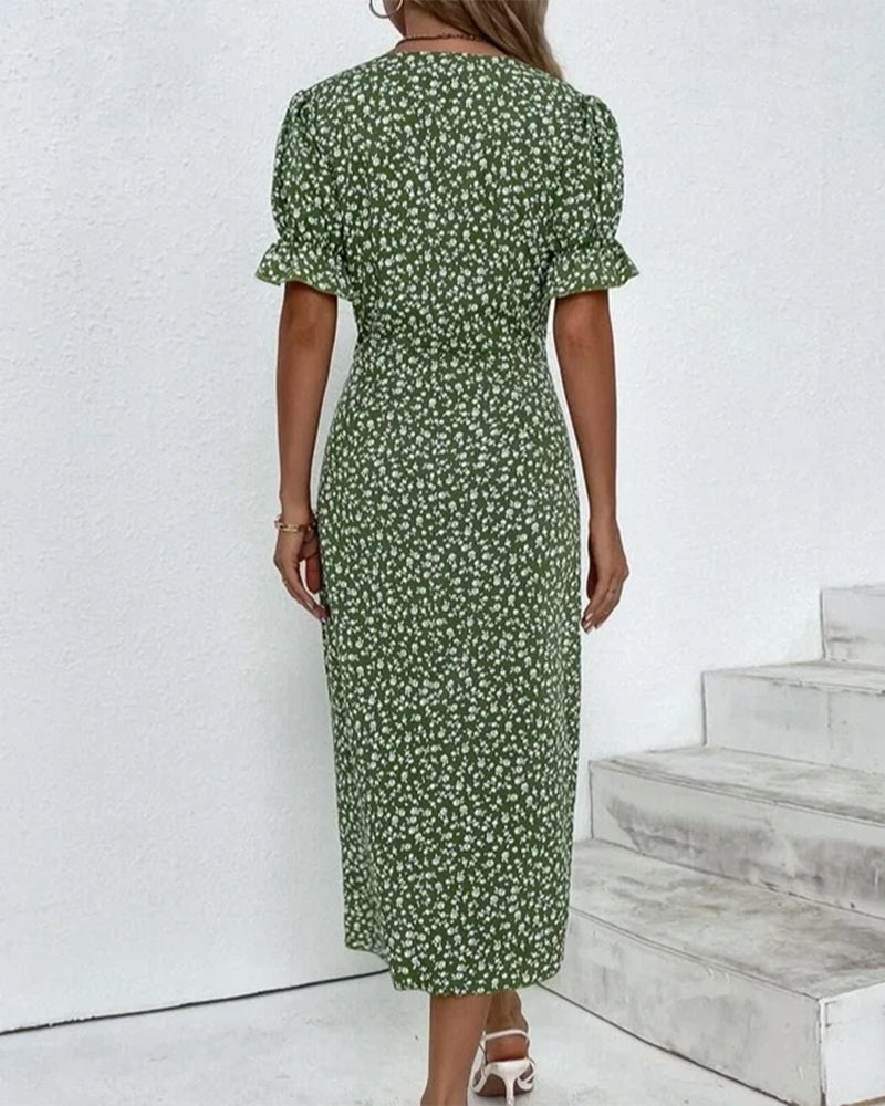 Women's Floral Wrap Midi Dress – V-Neck Short Sleeve Summer Dress