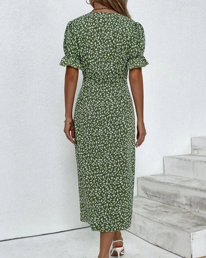 Women's Floral Wrap Midi Dress – V-Neck Short Sleeve Summer Dress