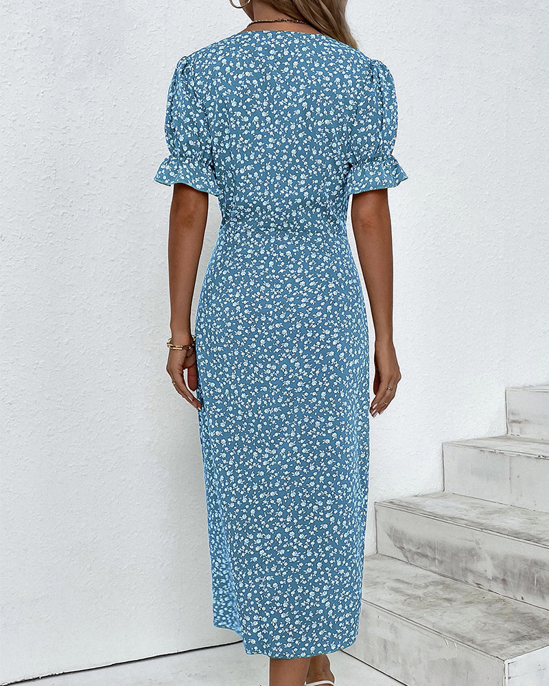 Women's Floral Wrap Midi Dress – V-Neck Short Sleeve Summer Dress