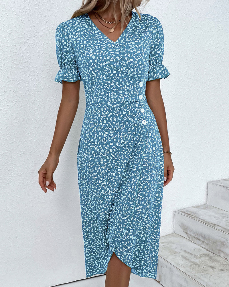Women's Floral Wrap Midi Dress – V-Neck Short Sleeve Summer Dress