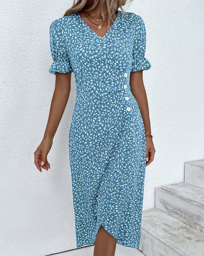 Women's Floral Wrap Midi Dress – V-Neck Short Sleeve Summer Dress