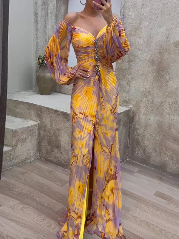 Pleated Chiffon Maxi Dress – Off-Shoulder Ruched Front Slit