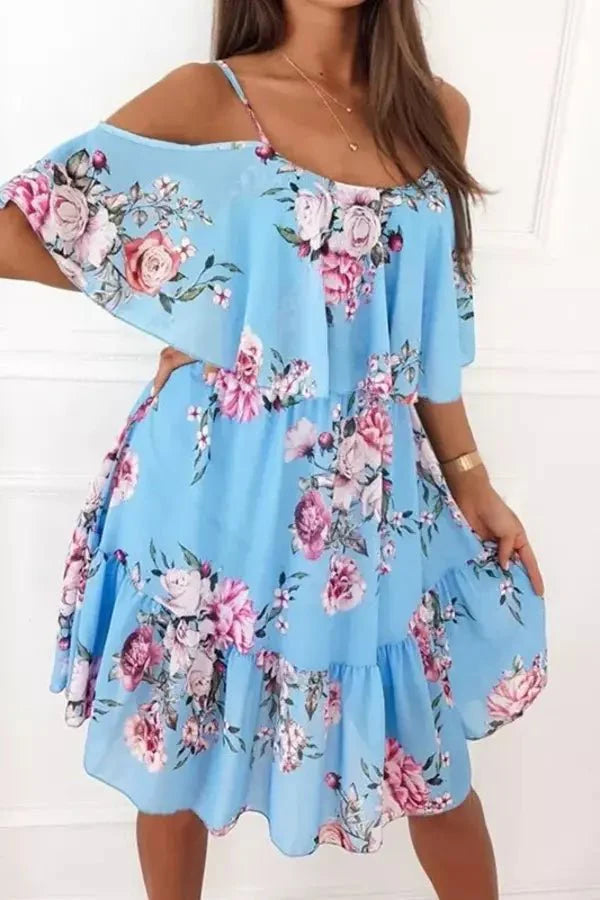 Women's Cold Shoulder Midi Dress – Floral Spaghetti Strap Tiered Ruffle Summer Dress