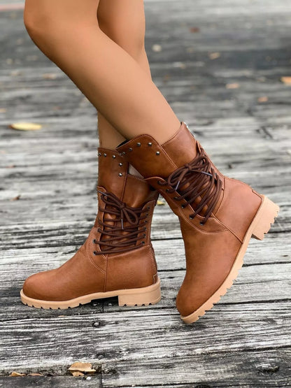 Lace-Up Mid-Calf Combat Boots – Studded Lug Sole Block Heel