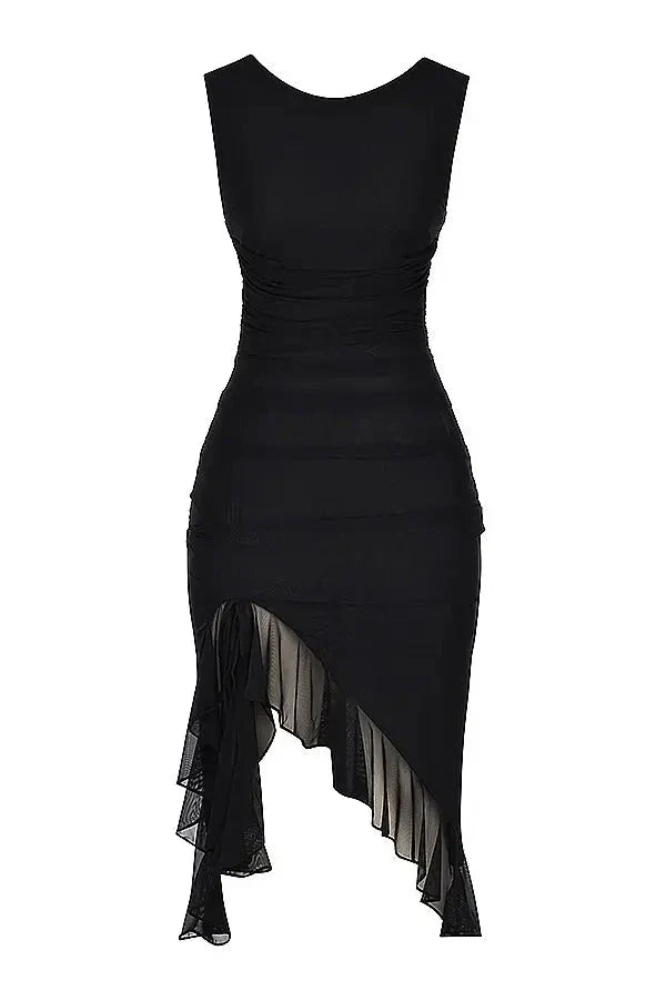 Women's Ruched Mesh Midi Dress – Sleeveless Bodycon with Ruffle Hem