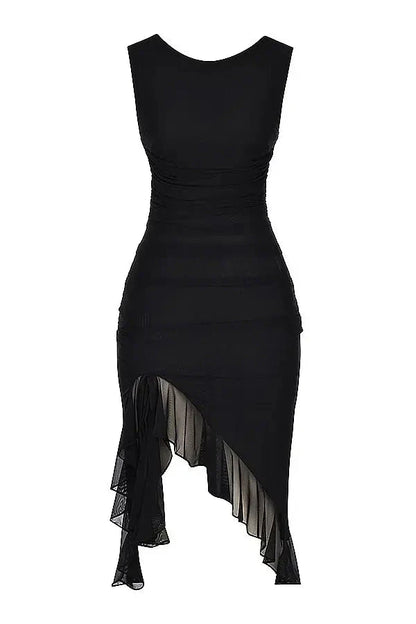 Women's Ruched Mesh Midi Dress – Sleeveless Bodycon with Ruffle Hem