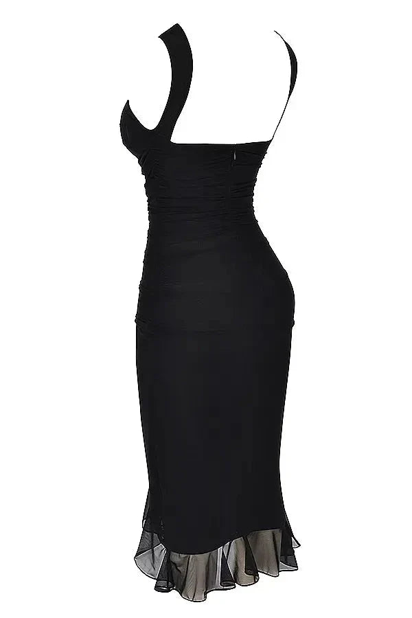 Women's Ruched Mesh Midi Dress – Sleeveless Bodycon with Ruffle Hem
