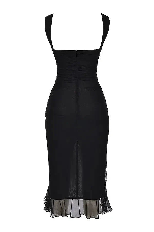 Women's Ruched Mesh Midi Dress – Sleeveless Bodycon with Ruffle Hem