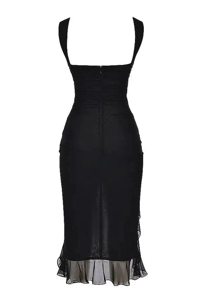 Women's Ruched Mesh Midi Dress – Sleeveless Bodycon with Ruffle Hem