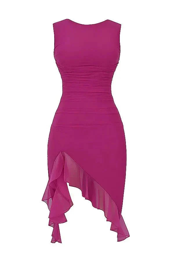 Women's Ruched Mesh Midi Dress – Sleeveless Bodycon with Ruffle Hem