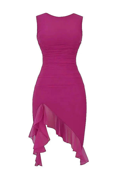 Women's Ruched Mesh Midi Dress – Sleeveless Bodycon with Ruffle Hem