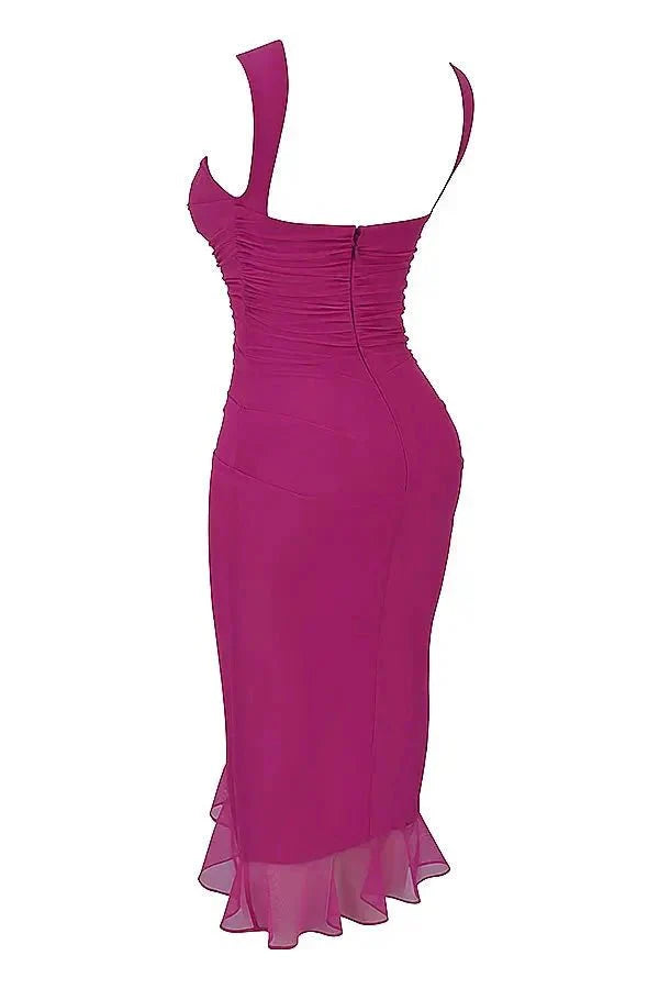 Women's Ruched Mesh Midi Dress – Sleeveless Bodycon with Ruffle Hem