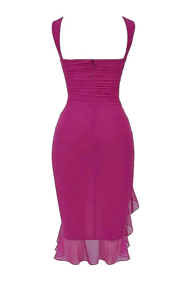 Women's Ruched Mesh Midi Dress – Sleeveless Bodycon with Ruffle Hem
