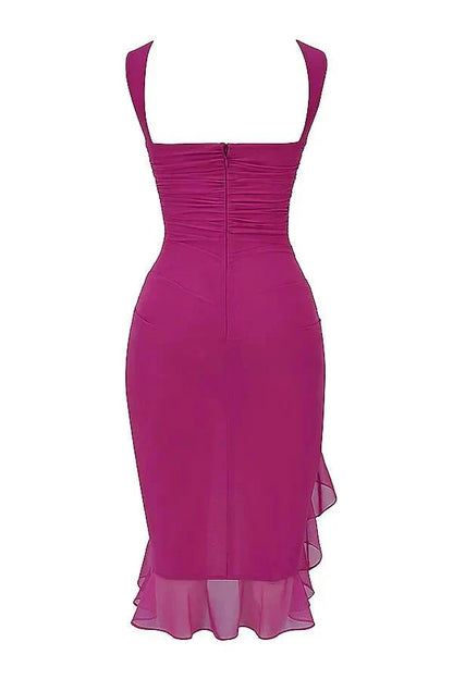 Women's Ruched Mesh Midi Dress – Sleeveless Bodycon with Ruffle Hem