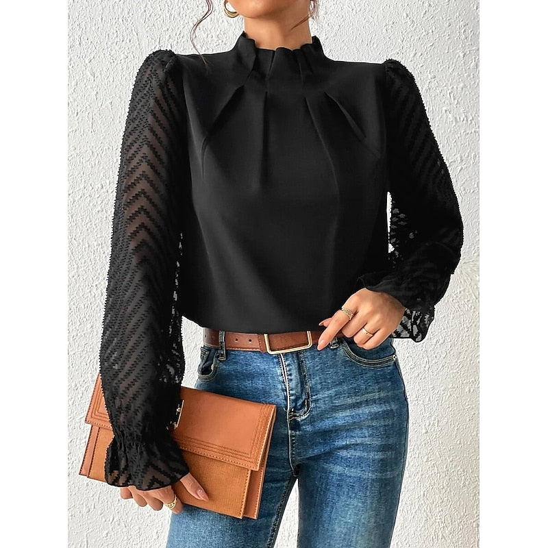 Pleated Mock Neck Blouse – Sheer Lace Sleeve Long Sleeve Top