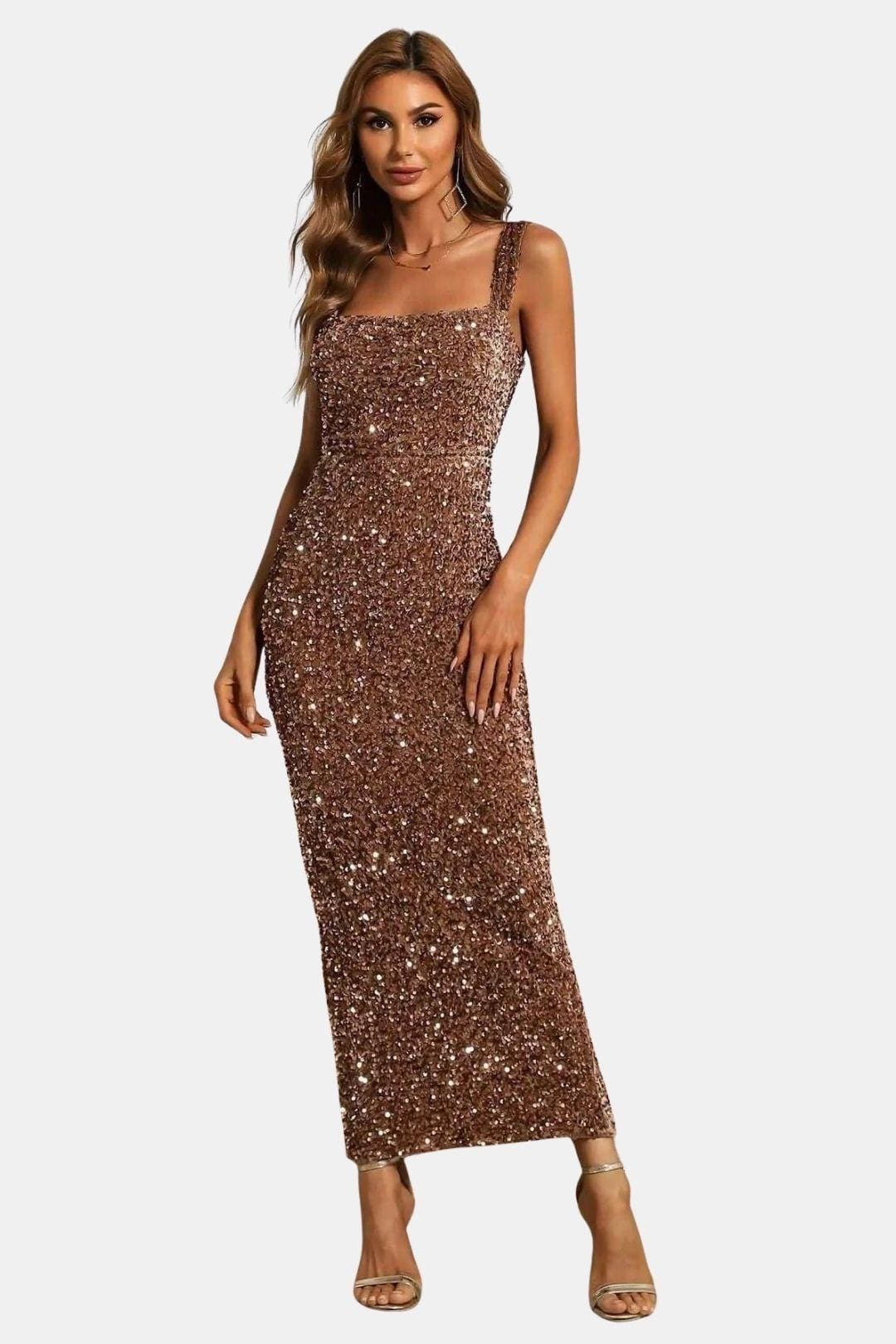 Sequin Bodycon Maxi Dress – Square Neck Formal Evening Dress