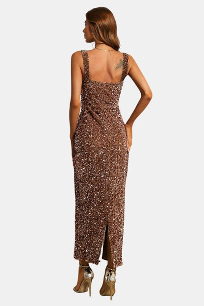 Sequin Bodycon Maxi Dress – Square Neck Formal Evening Dress