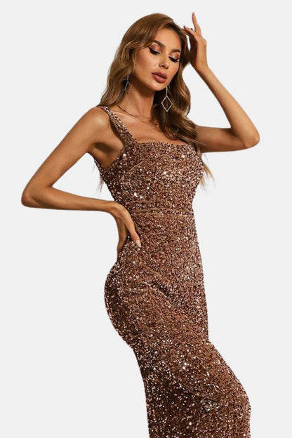 Sequin Bodycon Maxi Dress – Square Neck Formal Evening Dress