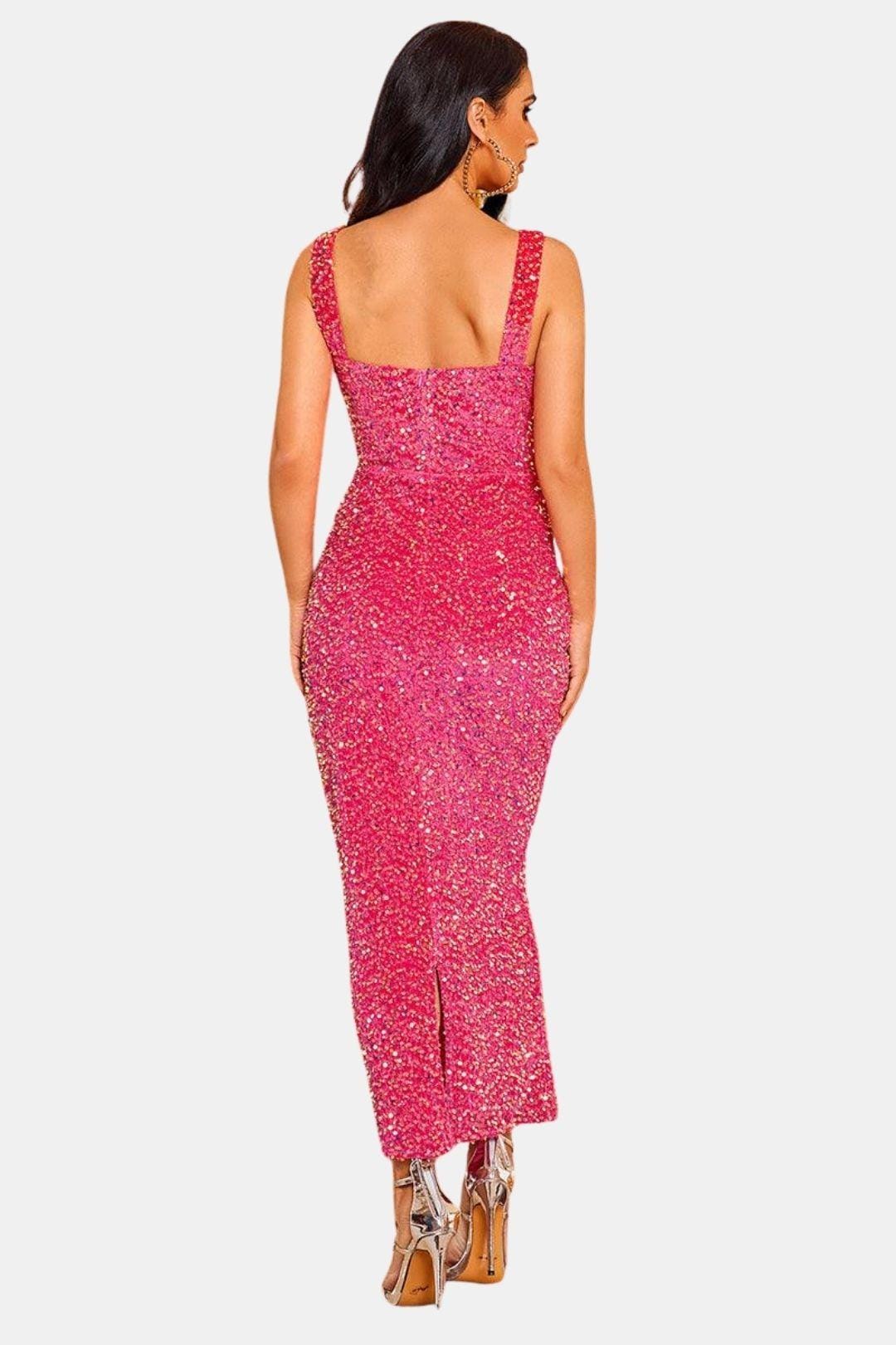 Sequin Bodycon Maxi Dress – Square Neck Formal Evening Dress