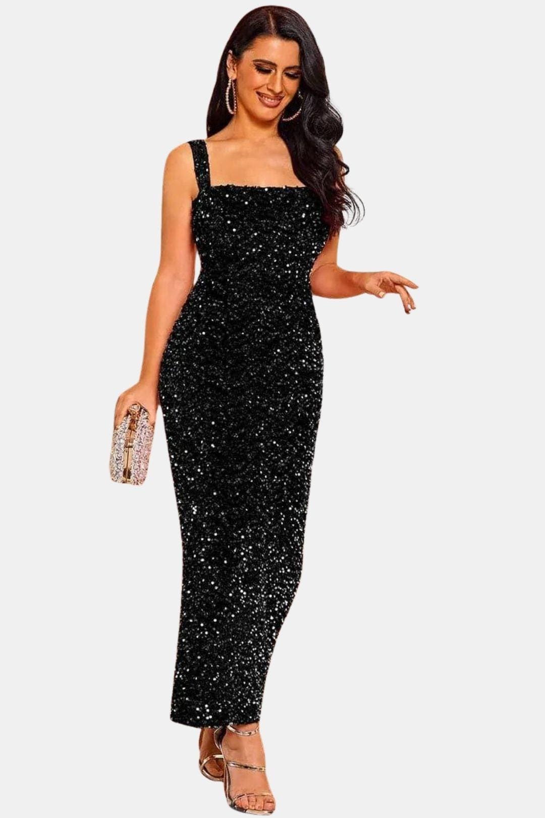 Sequin Bodycon Maxi Dress – Square Neck Formal Evening Dress