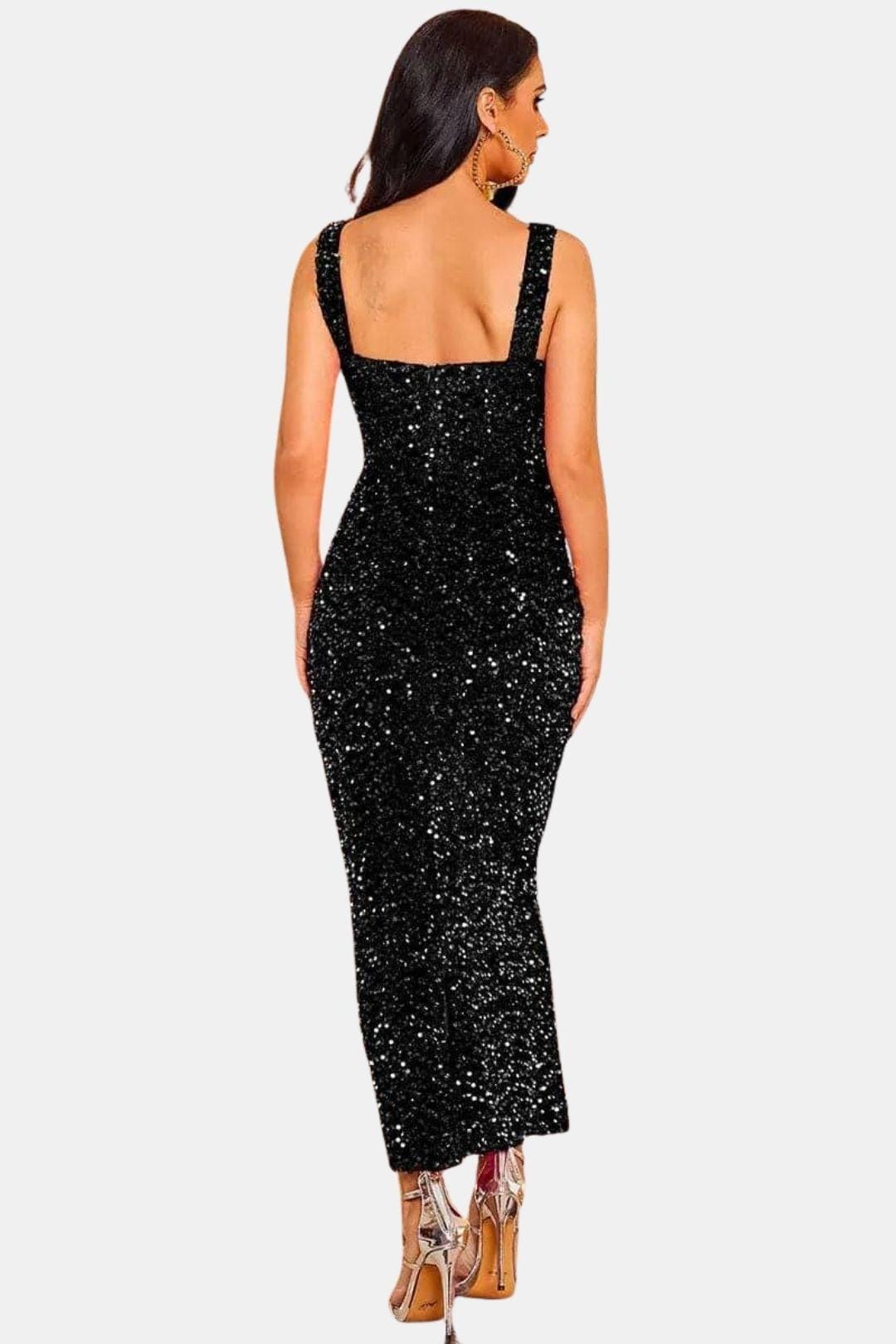 Sequin Bodycon Maxi Dress – Square Neck Formal Evening Dress