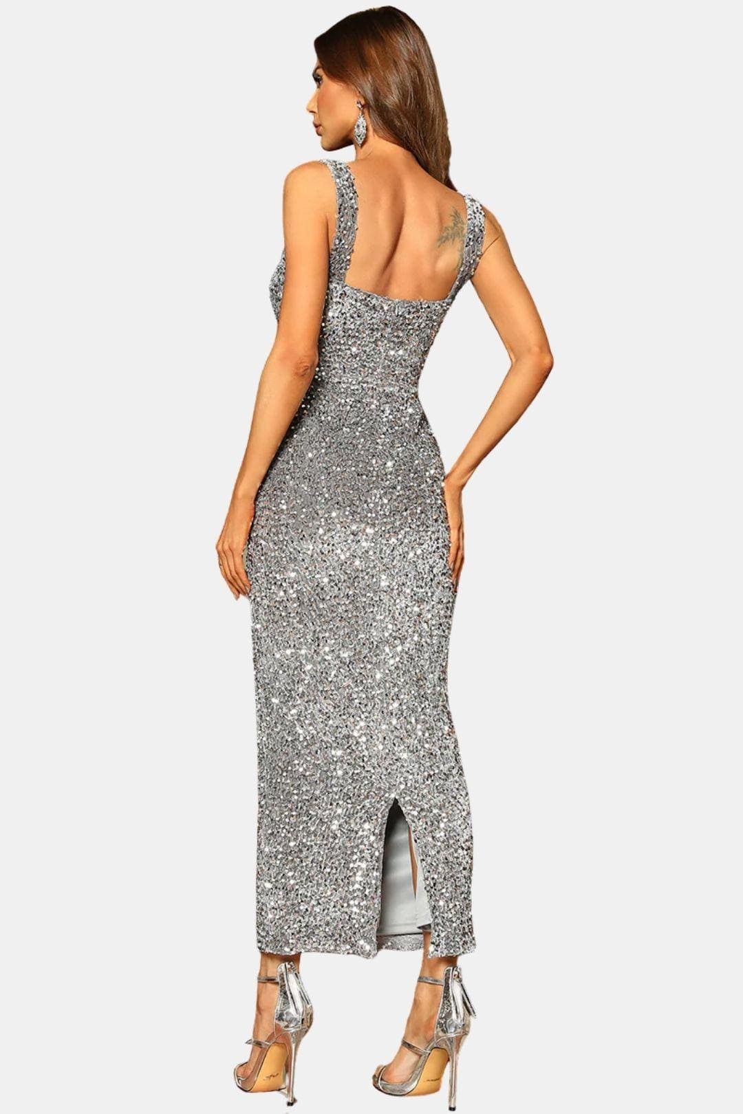 Sequin Bodycon Maxi Dress – Square Neck Formal Evening Dress