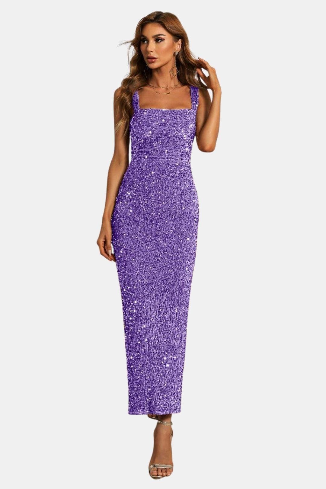 Sequin Bodycon Maxi Dress – Square Neck Formal Evening Dress